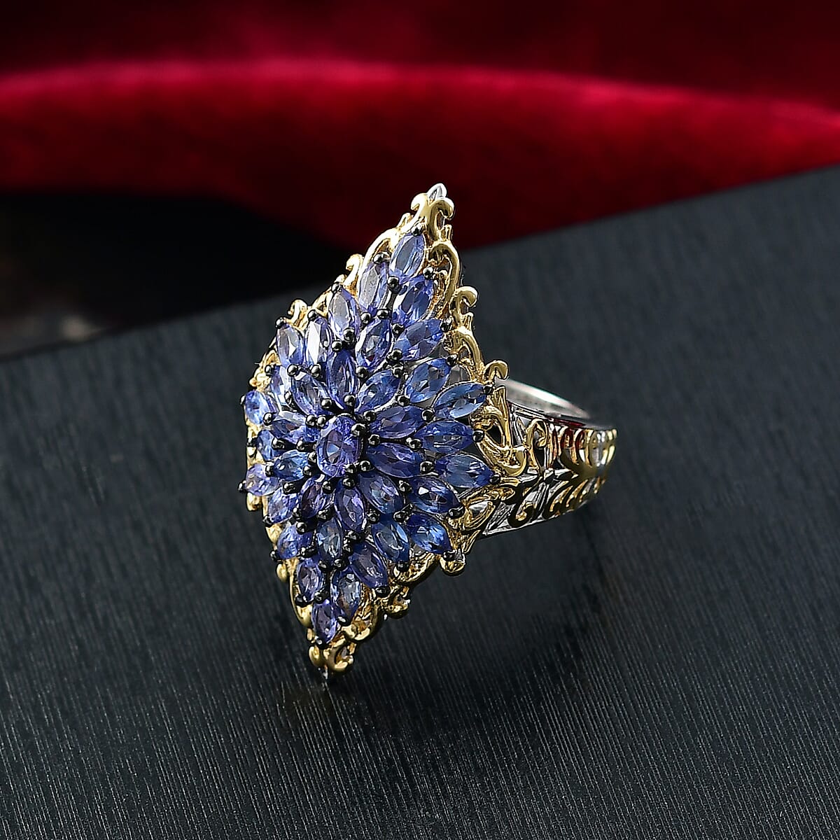 D'Joy Premium Tanzanite 3.70 ctw Victorian Era Ring in 18K Vermeil YG and Rhodium Over Sterling Silver (Size  10.0) image number 1