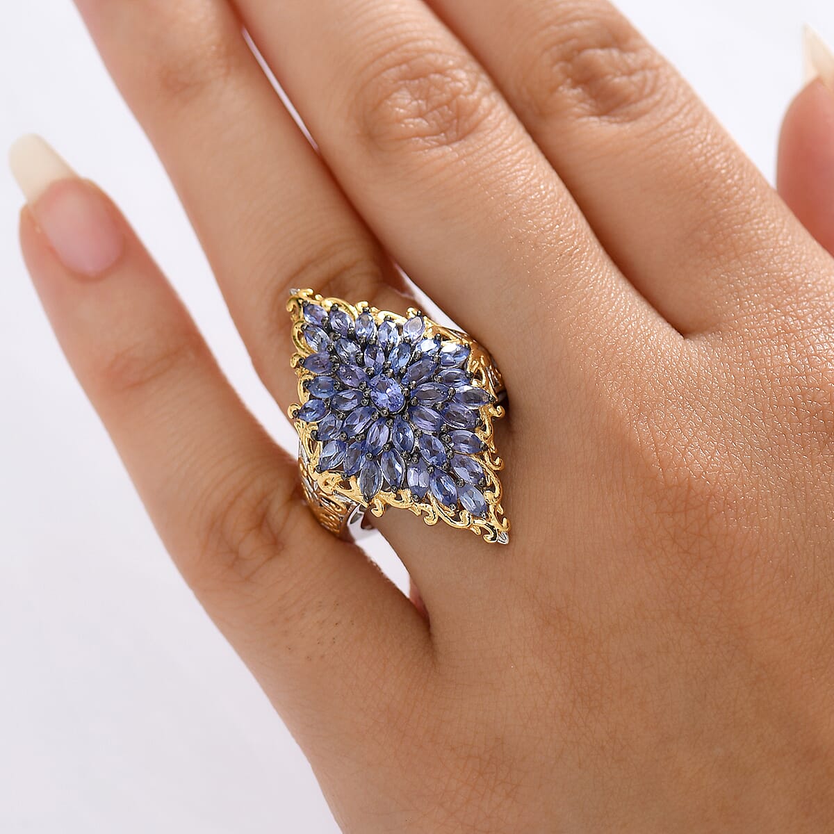 D'Joy Premium Tanzanite 3.70 ctw Victorian Era Ring in 18K Vermeil YG and Rhodium Over Sterling Silver (Size  10.0) image number 2