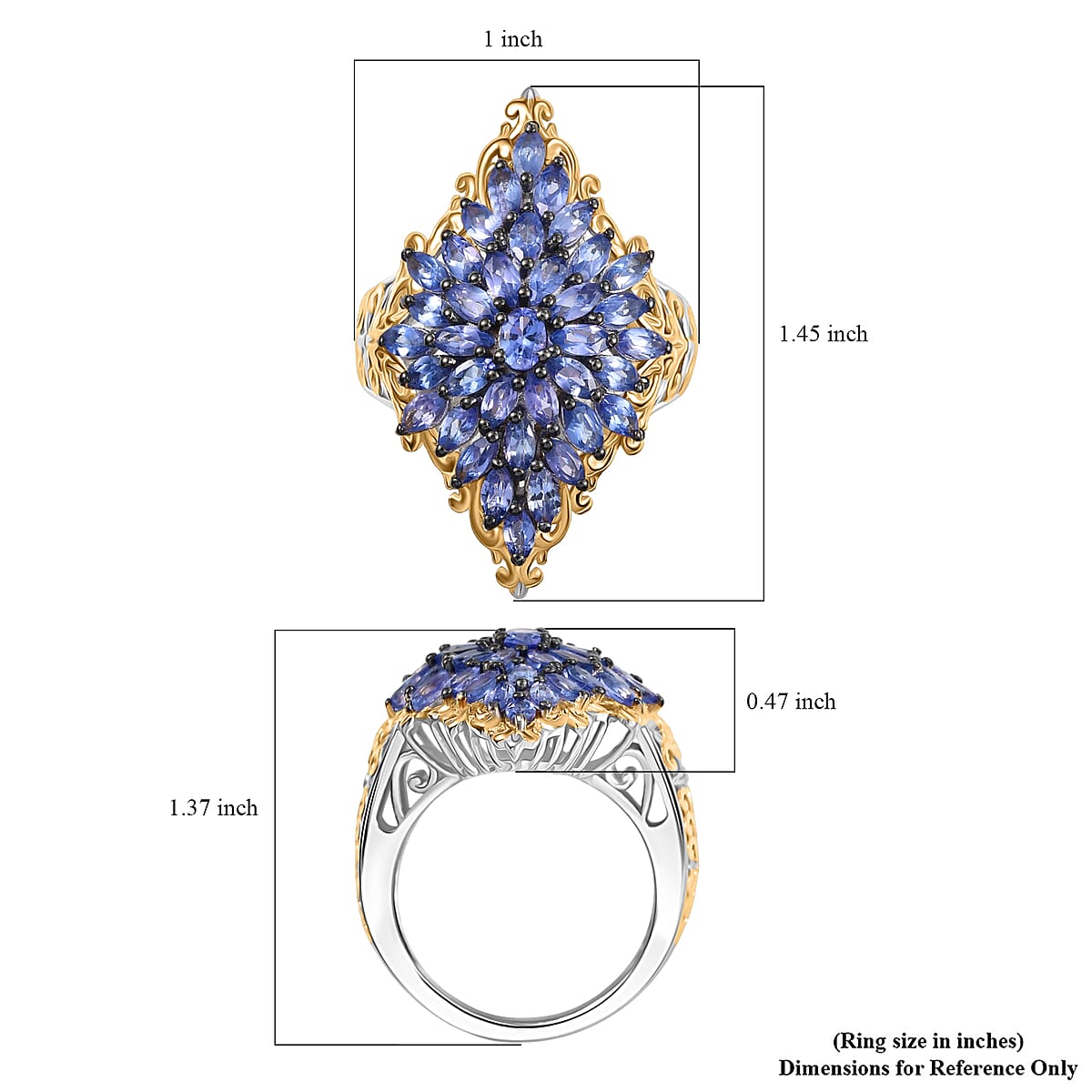 D'Joy Premium Tanzanite 3.70 ctw Victorian Era Ring in 18K Vermeil YG and Rhodium Over Sterling Silver (Size  10.0) image number 5