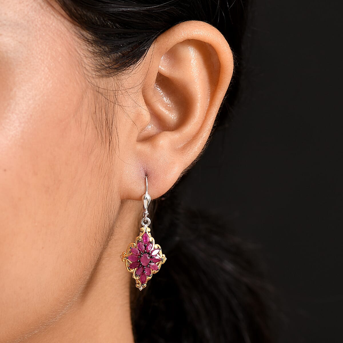 D'Joy Premium Mozambique Ruby 2.90 ctw Lever Back Earrings in 18K Vermeil YG and Platinum Over Sterling Silver image number 2