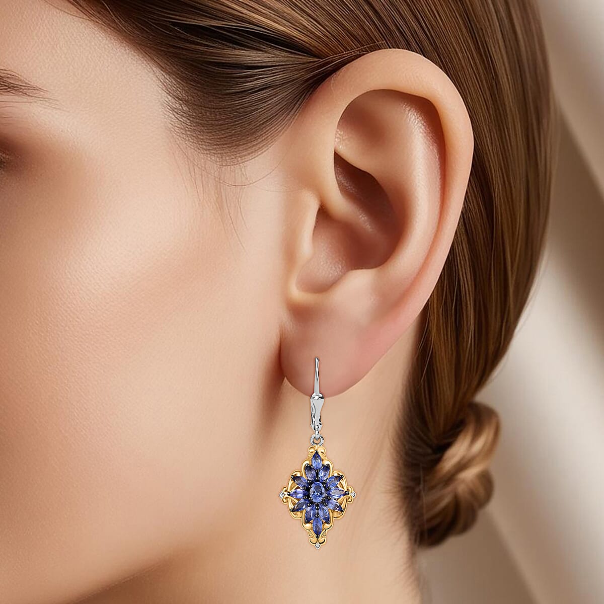 D'Joy Premium Tanzanite 2.70 ctw Cluster Earrings in 18K Vermeil YG and Rhodium Over Sterling Silver image number 2