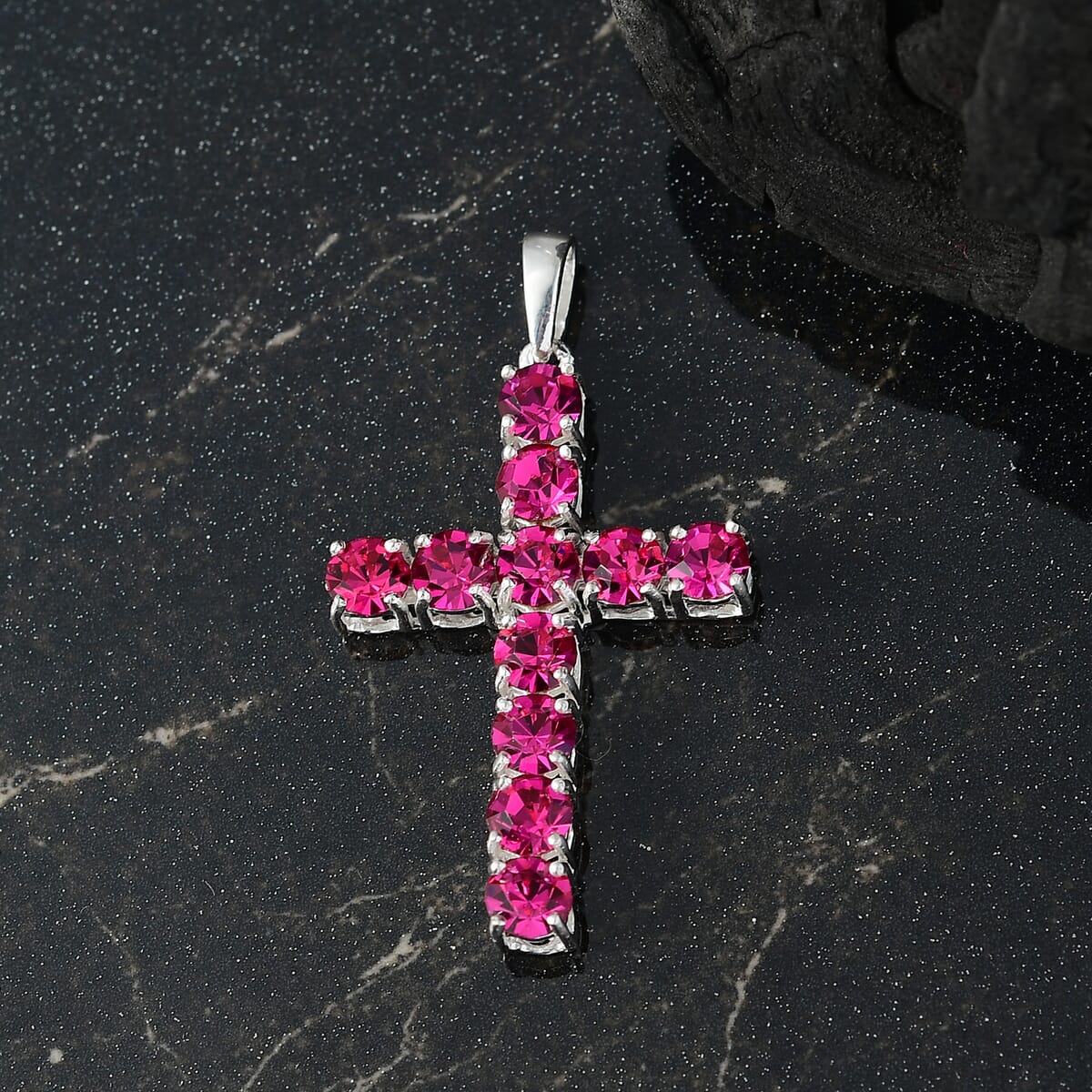 J Francis Embellished with Fuchsia Crystal by Swarovski Cross Pendant in Sterling Silver image number 1