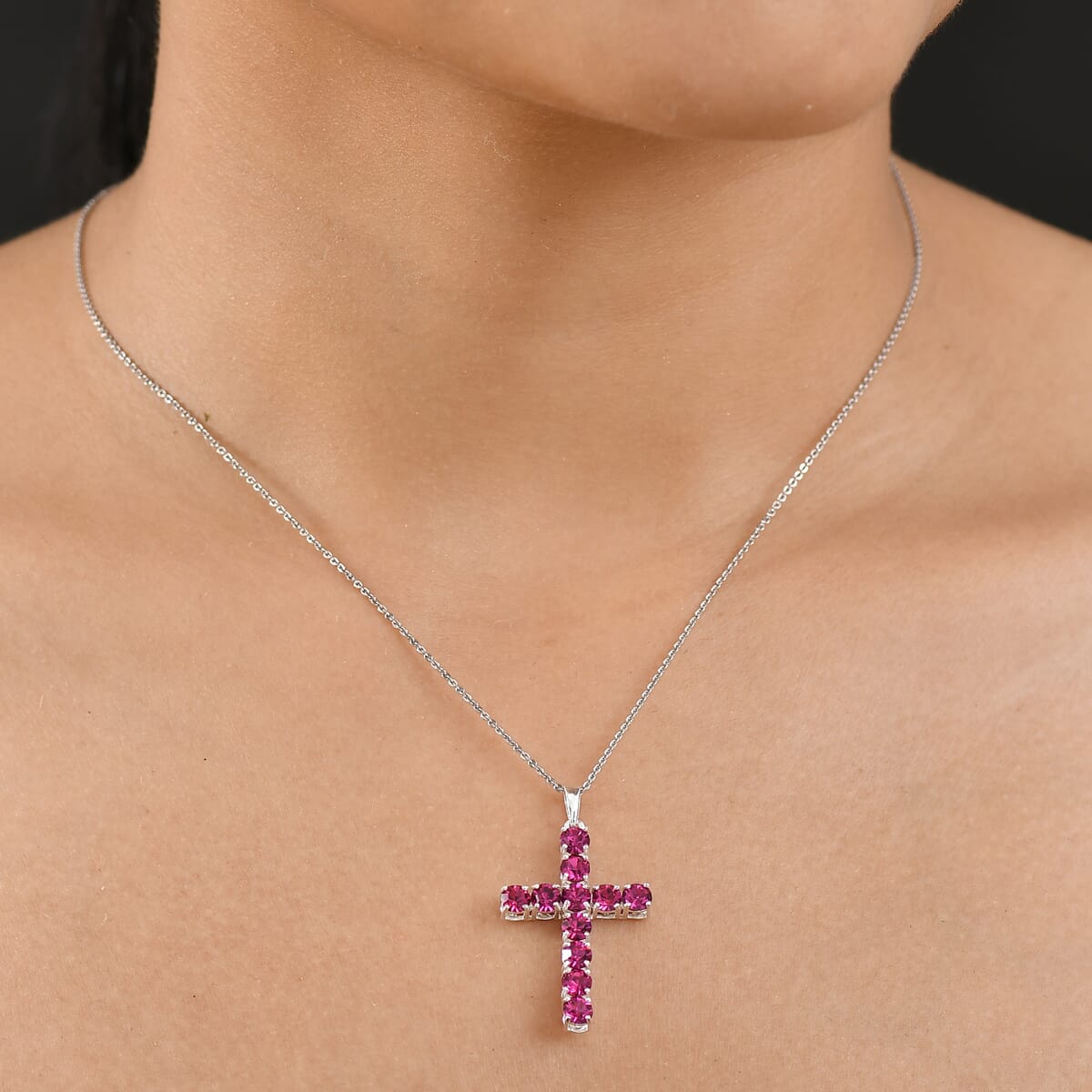 J Francis Embellished with Fuchsia Crystal by Swarovski Cross Pendant in Sterling Silver image number 2