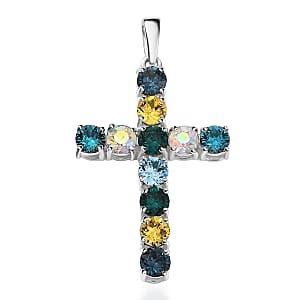 J Francis Embellished with Multi Color Crystal by Swarovski Cross Pendant without Chain in Sterling Silver