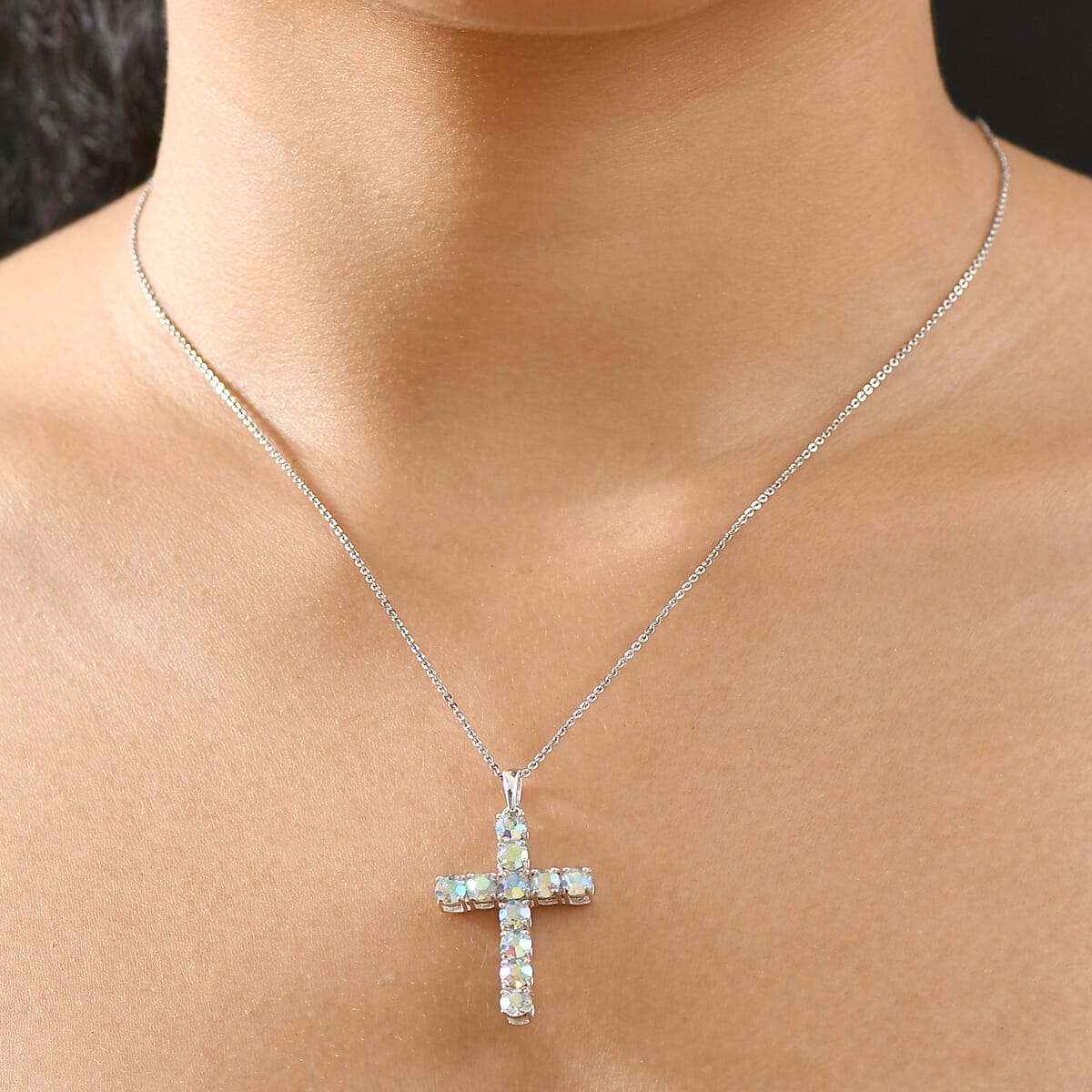 J Francis Embellished with Aurora Borealis Crystal by Swarovski Cross Pendant in Sterling Silver image number 2