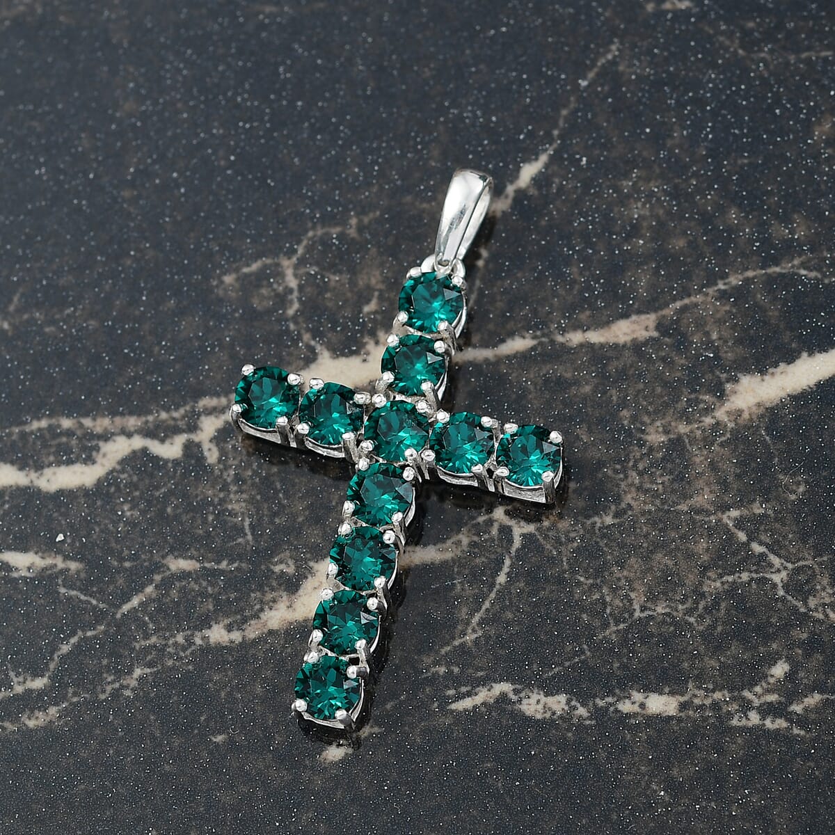 J Francis Embellished with Emerald Color Crystal by Swarovski Cross Pendant in Sterling Silver image number 1