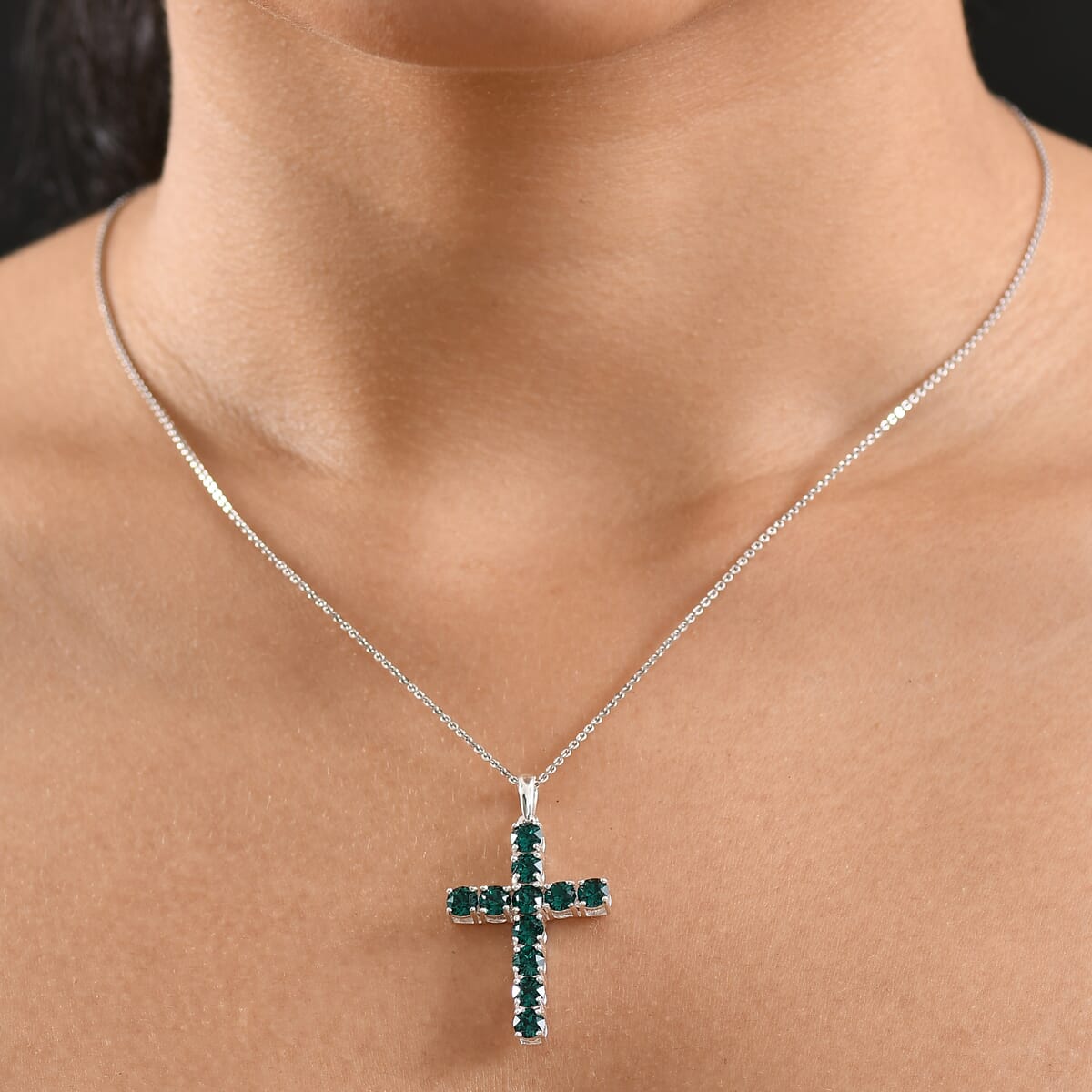 J Francis Embellished with Emerald Color Crystal by Swarovski Cross Pendant in Sterling Silver image number 2