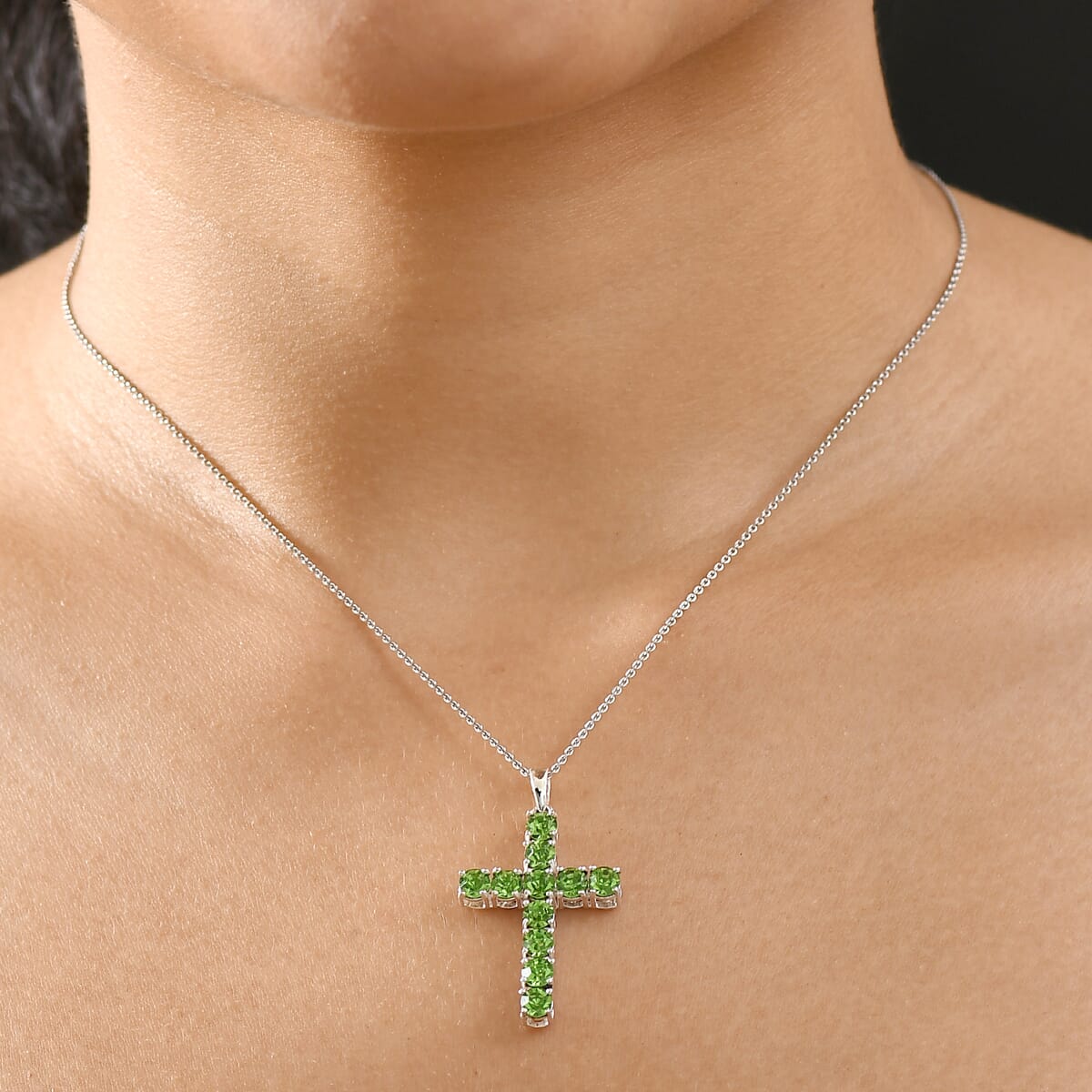 J Francis Embellished with Peridot Color Crystal by Swarovski Cross Pendant in Sterling Silver image number 2