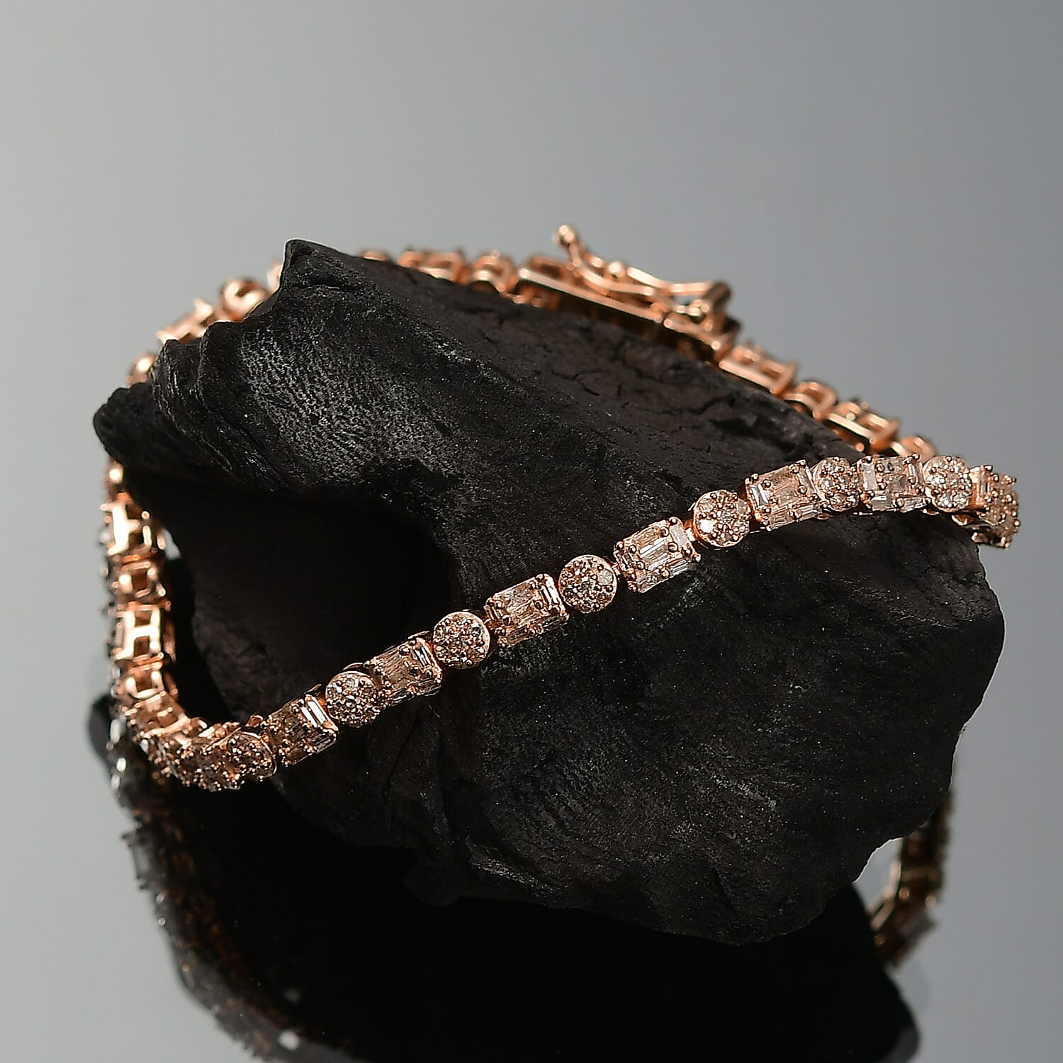 D'Joy Natural Champagne Diamond 2.50 ctw Art Deco Bracelet in 18K Vermeil Rose Gold Over Sterling Silver (8.00 In)