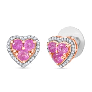D'Joy Ilakaka Hot Pink Sapphire (FF) and White Zircon 3.00 ctw Lustrous Heart Earrings in 18K Vermeil Rose Gold Over Sterling Silver