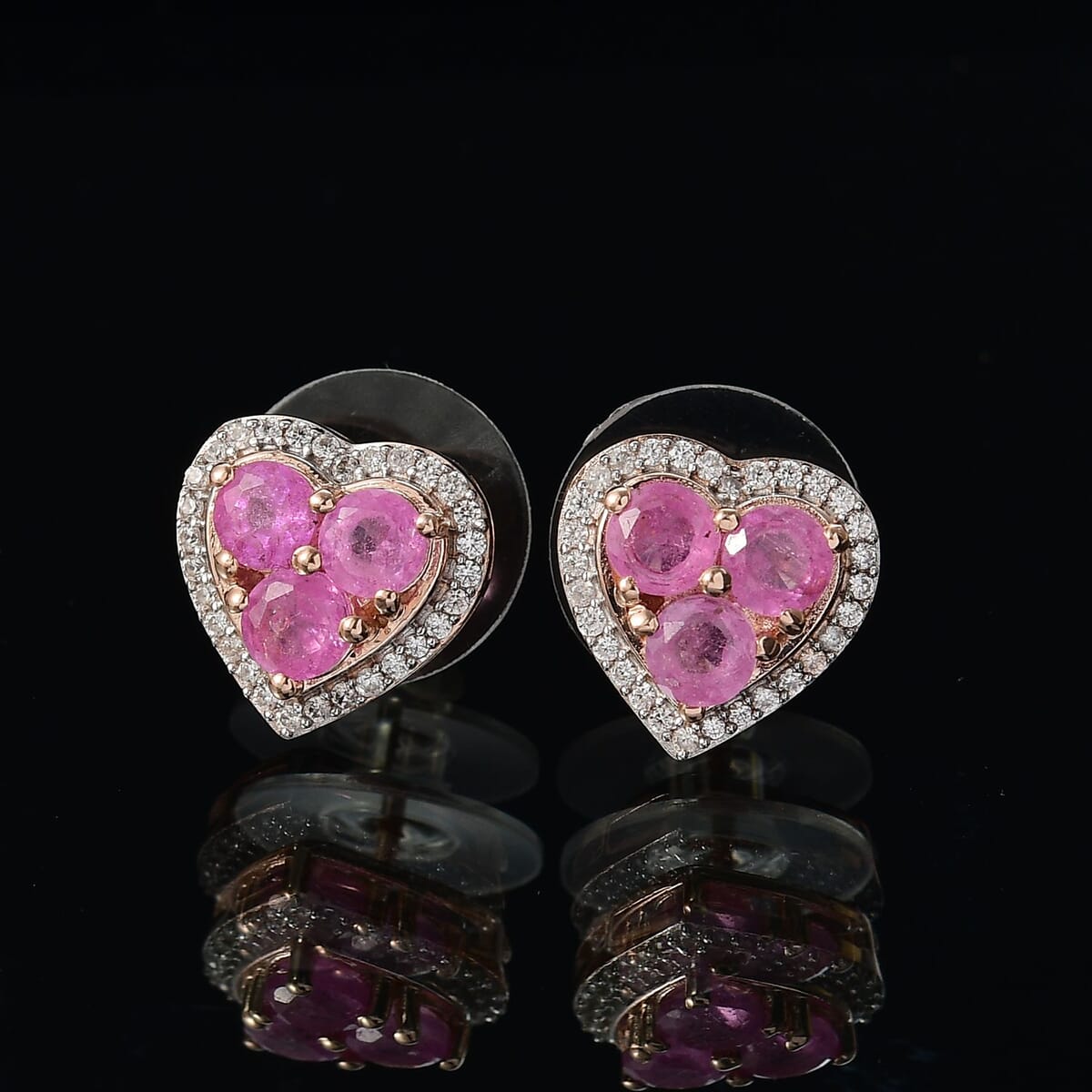 D'Joy Ilakaka Hot Pink Sapphire (FF) and White Zircon 3.00 ctw Lustrous Heart Earrings in 18K Vermeil Rose Gold Over Sterling Silver image number 1