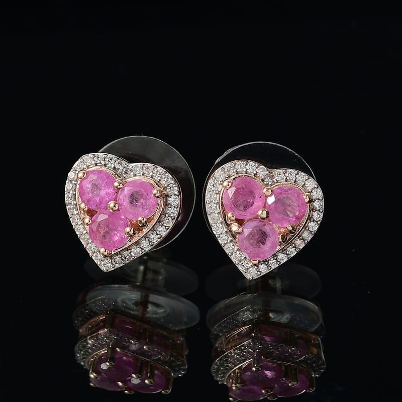 D'Joy Ilakaka Hot Pink Sapphire (FF) and White Zircon 3.00 ctw Lustrous Heart Earrings in 18K Vermeil Rose Gold Over Sterling Silver