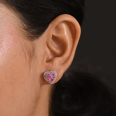 D'Joy Ilakaka Hot Pink Sapphire (FF) and White Zircon 3.00 ctw Lustrous Heart Earrings in 18K Vermeil Rose Gold Over Sterling Silver
