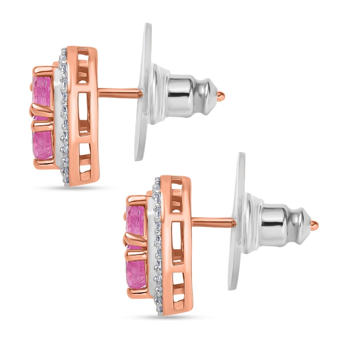 D'Joy Ilakaka Hot Pink Sapphire (FF) and White Zircon 3.00 ctw Lustrous Heart Earrings in 18K Vermeil Rose Gold Over Sterling Silver image number 3