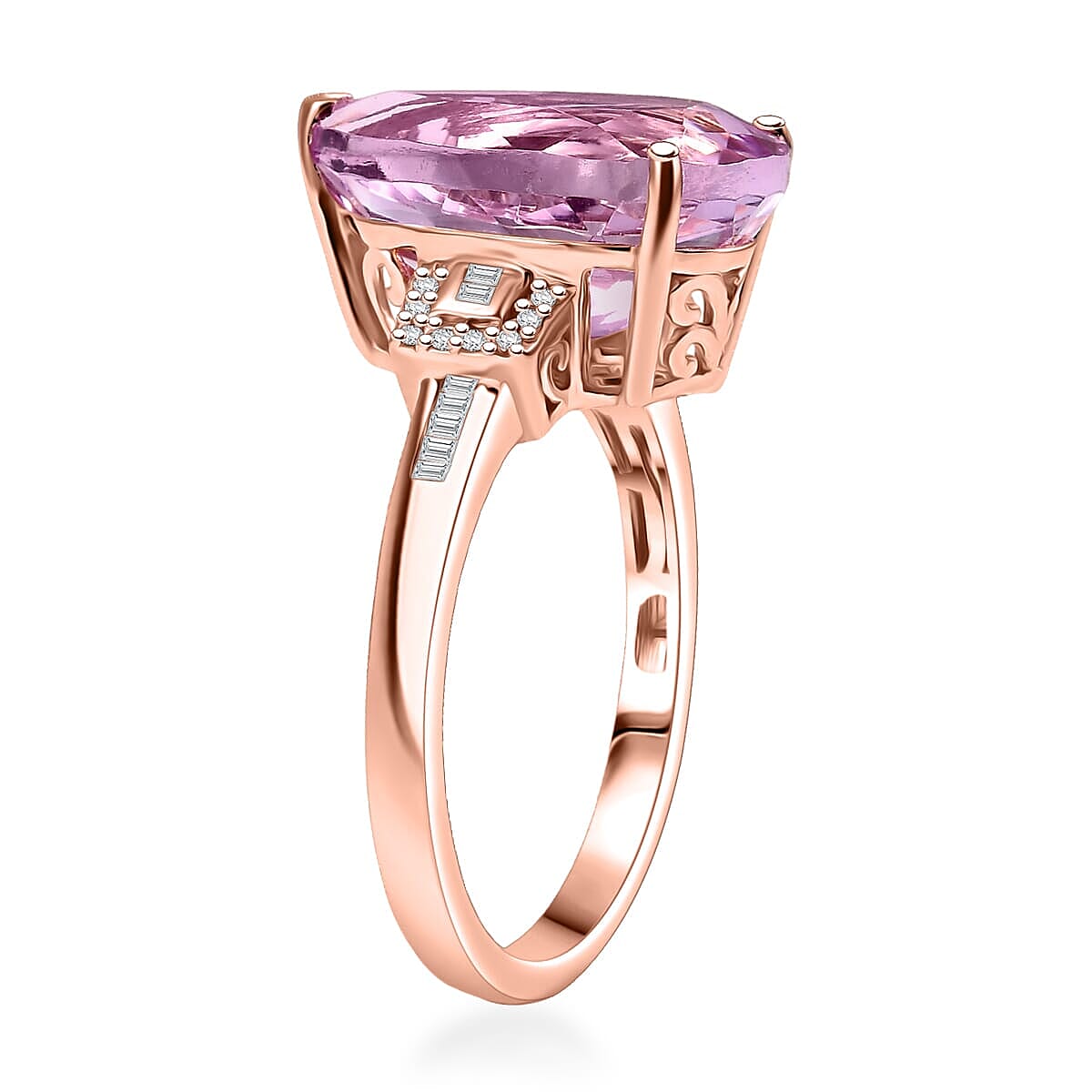 Luxoro AAA Martha Rocha Kunzite, I1-I2 Natural Pink and White Diamond 9.00 ctw Ring in 10K Rose Gold (Size 7.0) image number 3