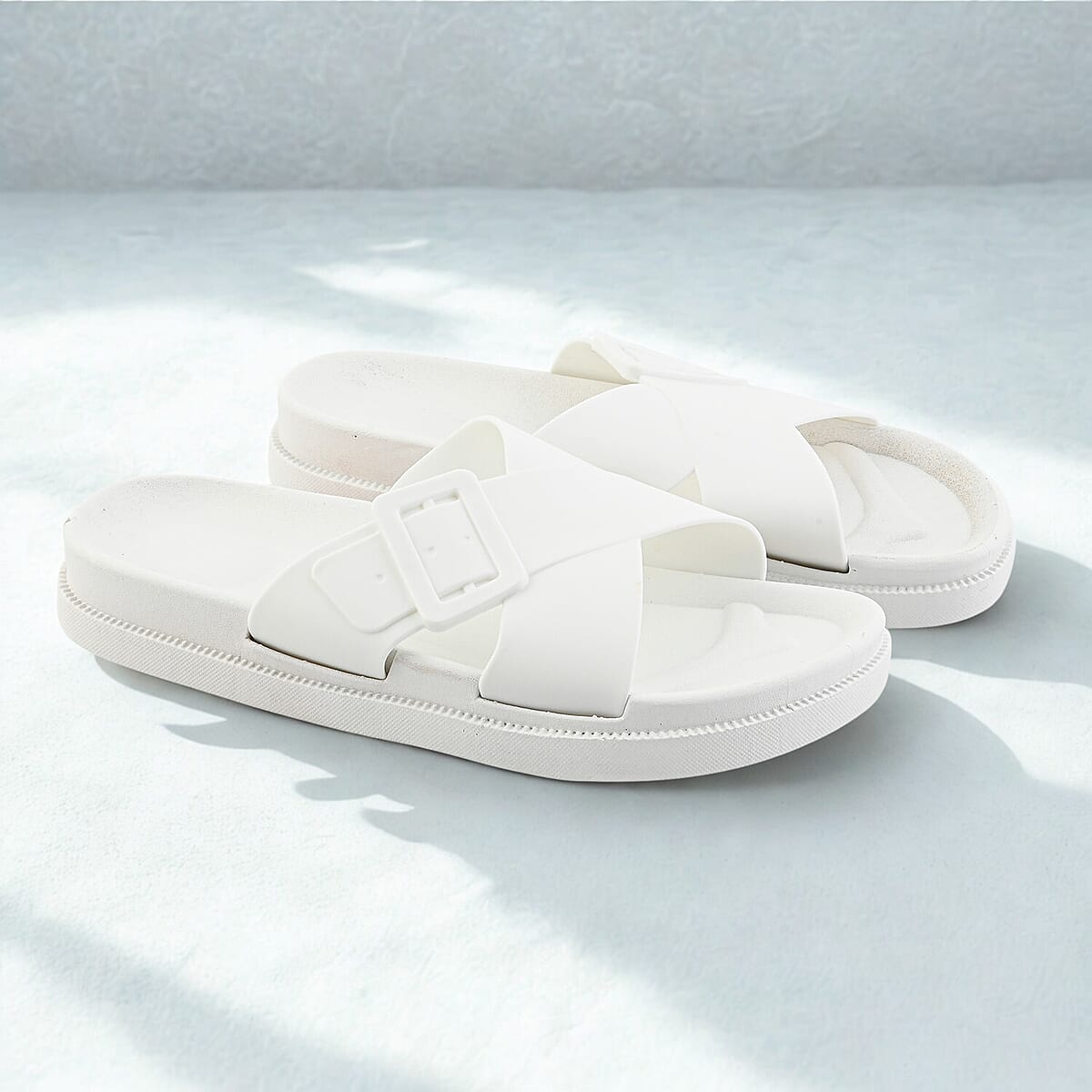Women's White Cross Strap Sandal - L image number 1