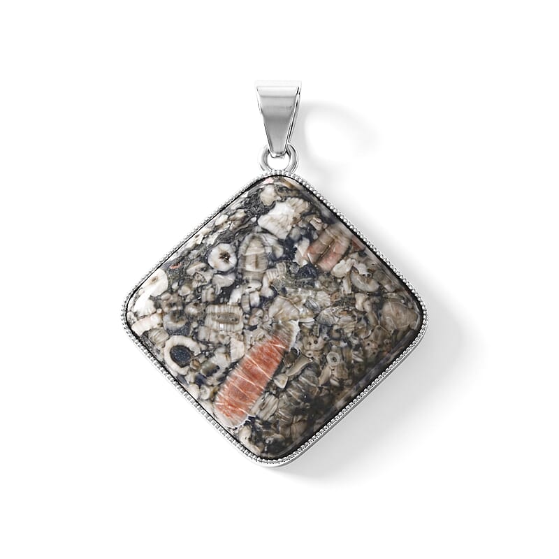 Plain Square Insect Fossil Jasper 69.00 ctw Inlay Frame Pendant without Chain in Silvertone