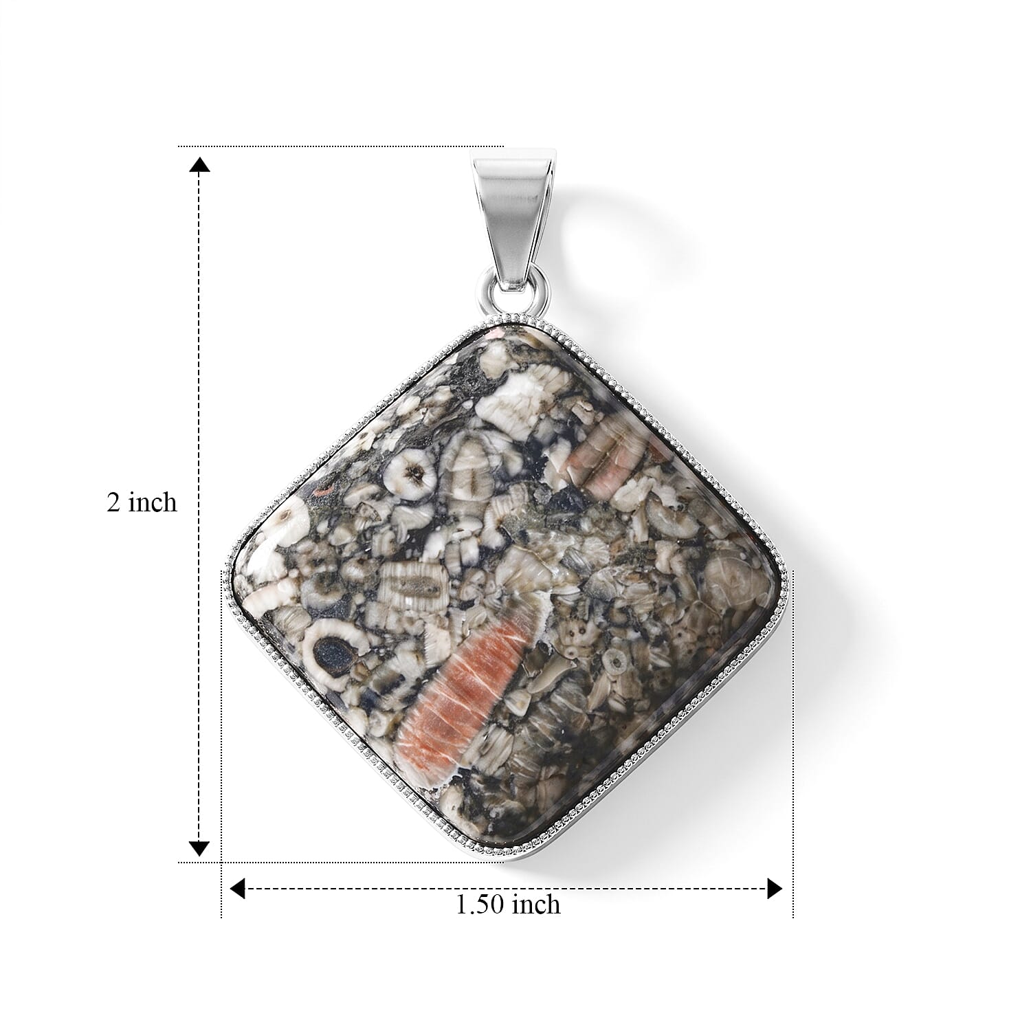 Plain Square Insect Fossil Jasper 69.00 ctw Inlay Frame Pendant without Chain in Silvertone