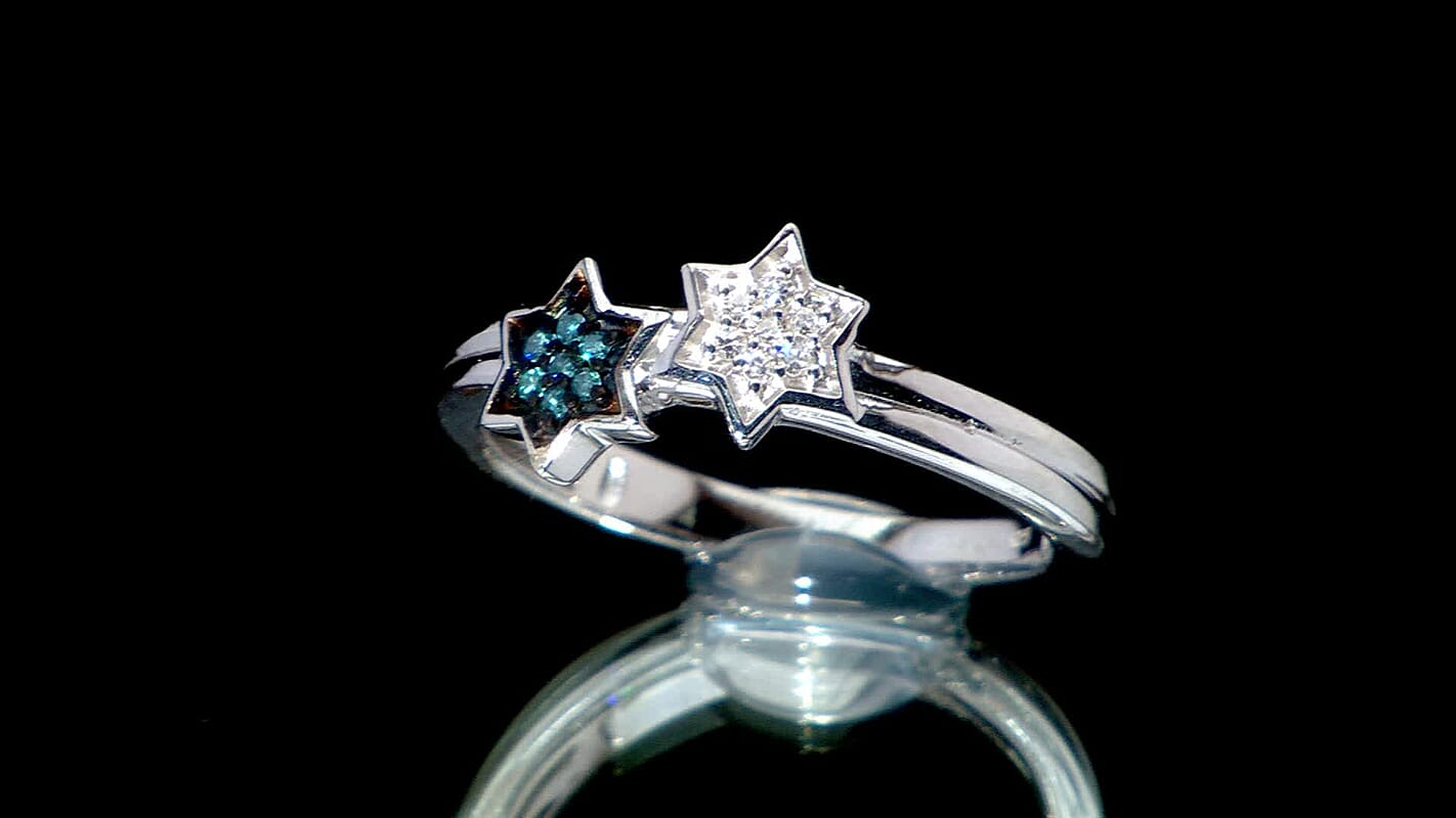 Luxuriant Lab Grown Blue Diamond (IR), Lab Grown Diamond Ring in Rhodium Over Sterling Silver (Size 10.0) 0.08 ctw