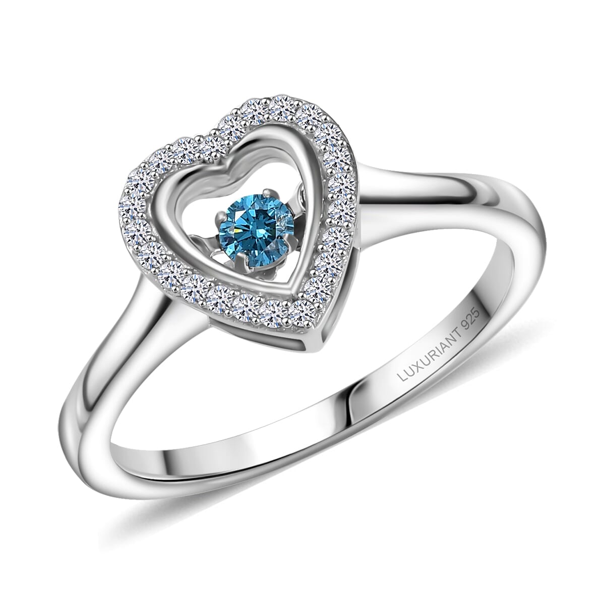 Luxuriant Lab Grown Blue Diamond and Lab Grown Diamond 0.22 ctw Dancing Heart Ring in Rhodium Over Sterling Silver (Size 10.0)  image number 0