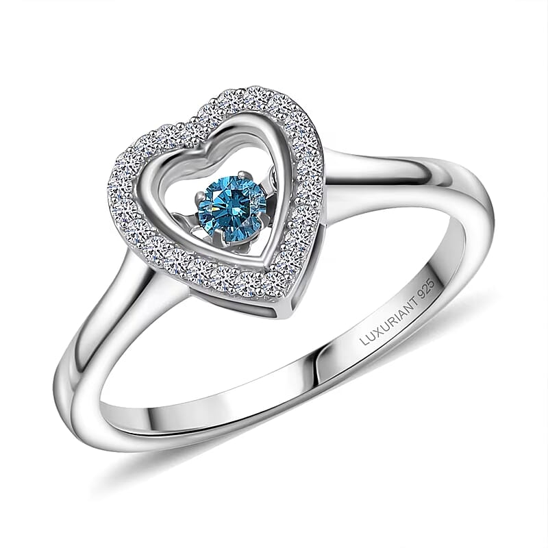 Luxuriant Lab Grown Blue Diamond (IR) and Lab Grown Diamond 0.20 ctw Dancing Heart Ring in Rhodium Over Sterling Silver (Size 10.0)