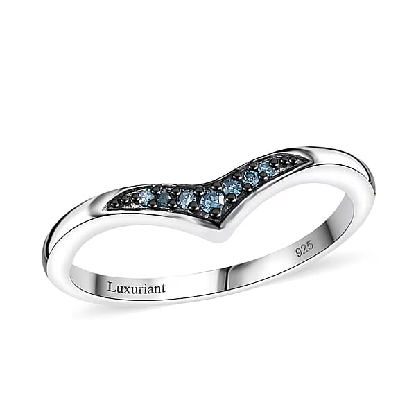 Luxuriant Lab Grown Blue Diamond (IR) 0.07 ctw Chevron Ring in Rhodium Over Sterling Silver (Size 10.0) 