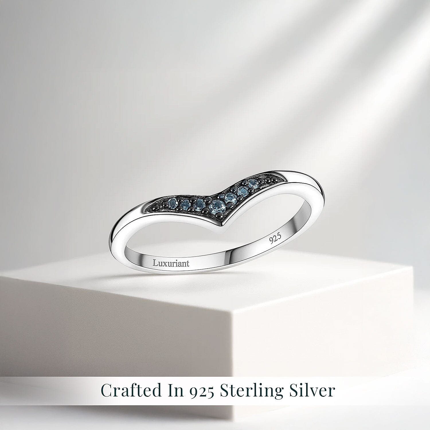 Luxuriant Lab Grown Blue Diamond (IR) 0.07 ctw Chevron Ring in Rhodium Over Sterling Silver (Size 10.0) 