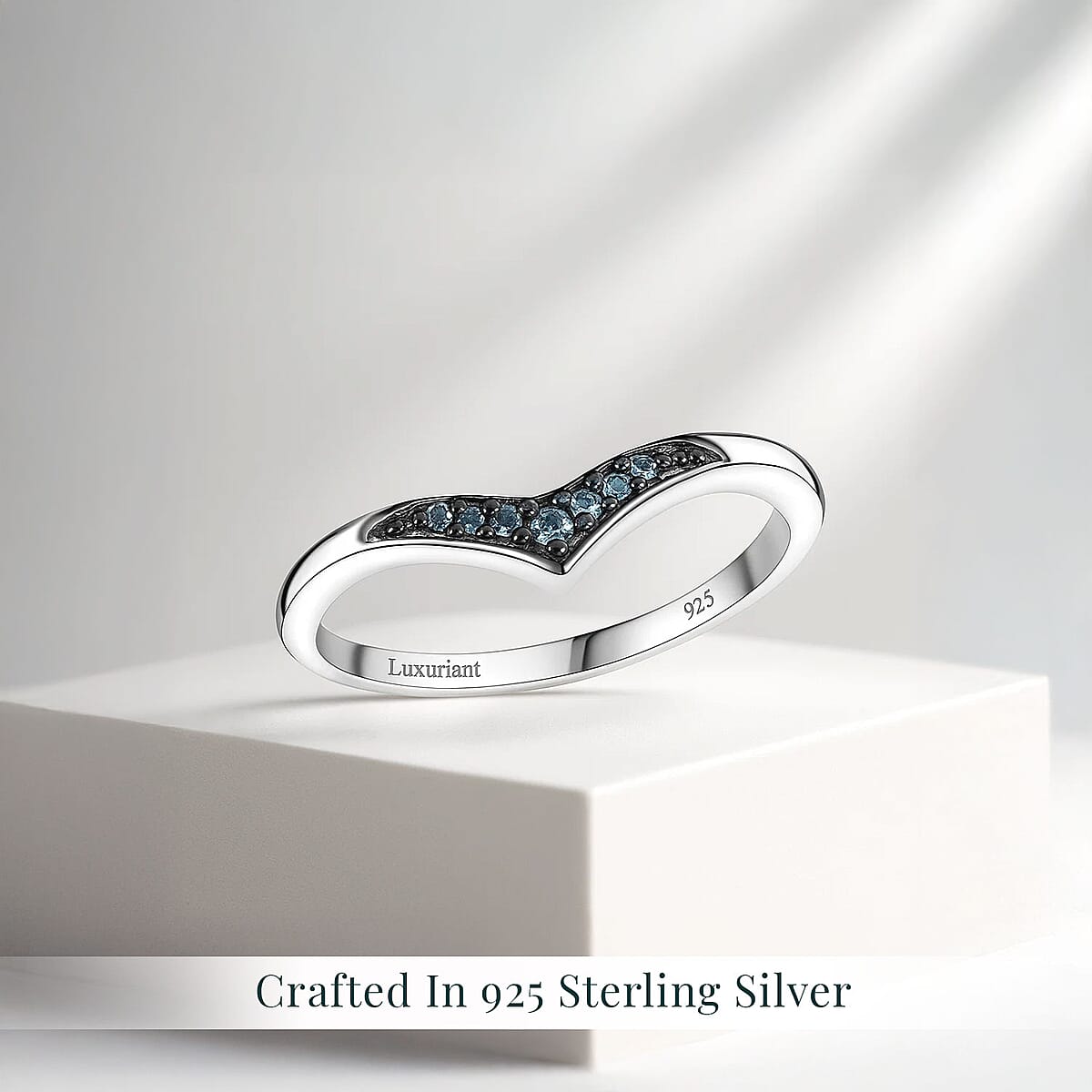 Luxuriant Lab Grown Blue Diamond (IR) 0.07 ctw Chevron Ring in Rhodium Over Sterling Silver (Size 9.0)  image number 2