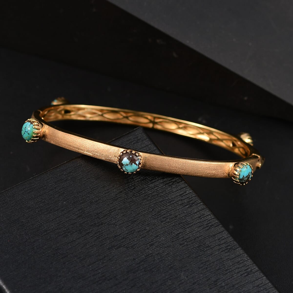 D'Joy Passport to Turkey Blue Moon Turquoise 4.50 ctw Textured Bangle Bracelet in 18K Vermeil Yellow Gold Over Sterling Silver (7.25 In)  image number 1