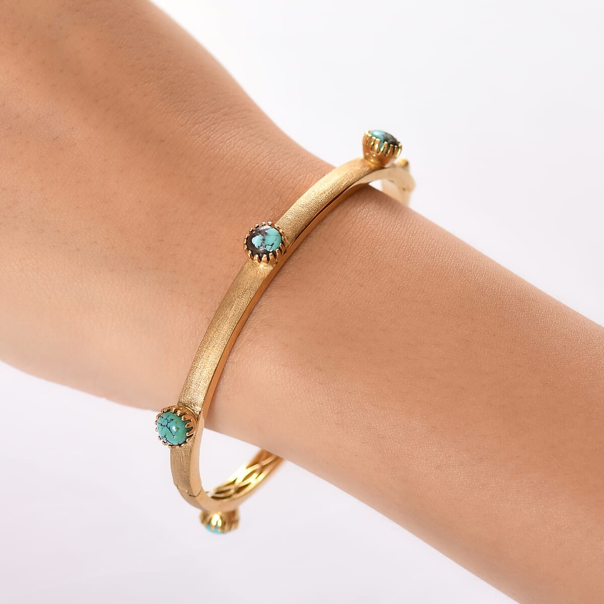 D'Joy Passport to Turkey Blue Moon Turquoise 4.50 ctw Textured Bangle Bracelet in 18K Vermeil Yellow Gold Over Sterling Silver (7.25 In)  image number 2