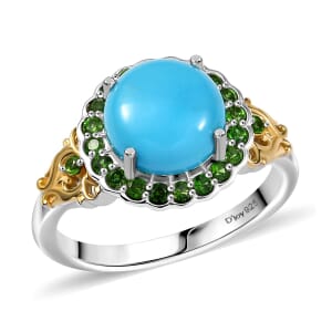 D'Joy Premium Sleeping Beauty Turquoise and Chrome Diopside 2.80 ctw Ring in 18K Vermeil YG and Rhodium Over Sterling Silver (Size 10.0)