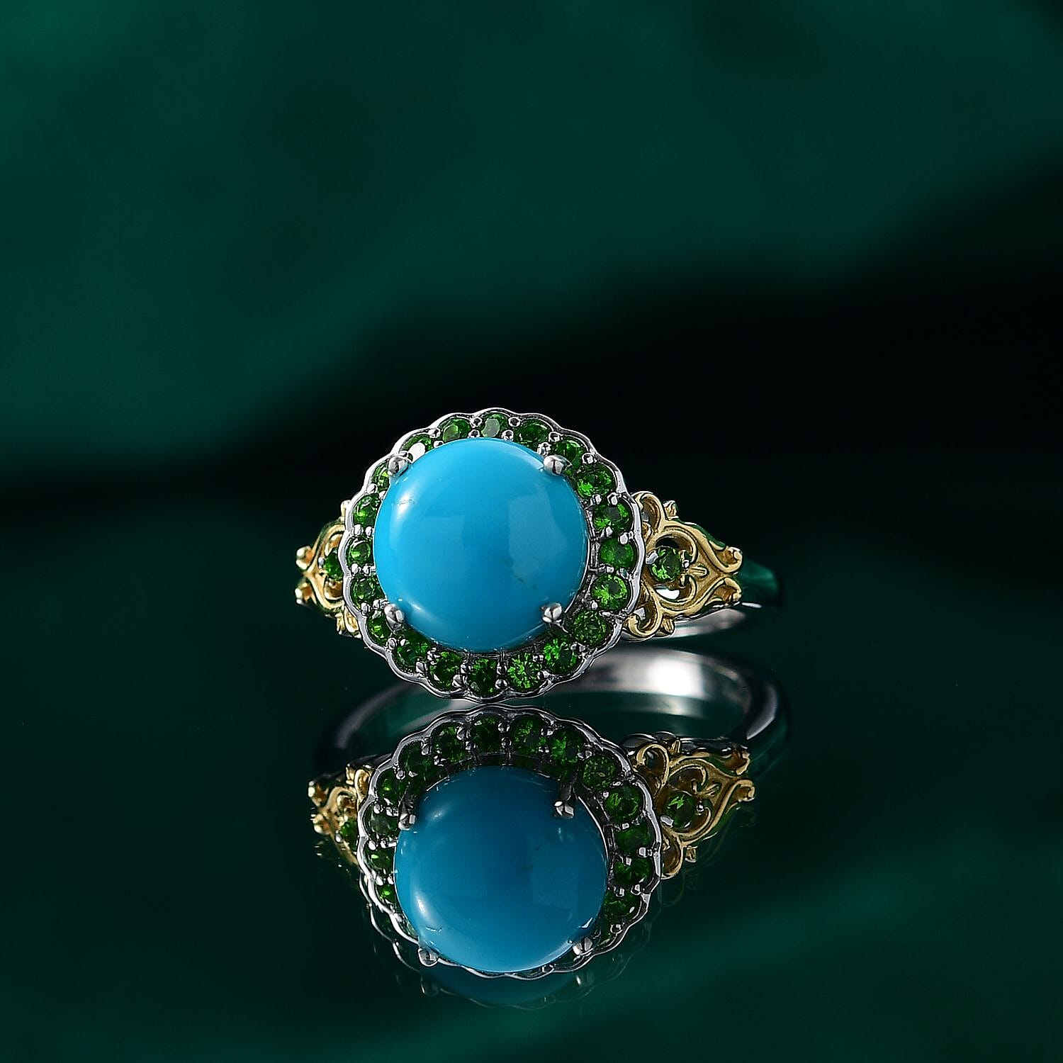 D'Joy Premium Sleeping Beauty Turquoise and Chrome Diopside 2.80 ctw Ring in 18K Vermeil YG and Rhodium Over Sterling Silver (Size 10.0)