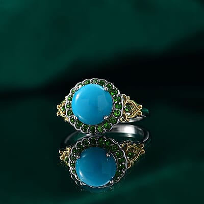 D'Joy Premium Sleeping Beauty Turquoise and Chrome Diopside 2.80 ctw Ring in 18K Vermeil YG and Rhodium Over Sterling Silver (Size 10.0)