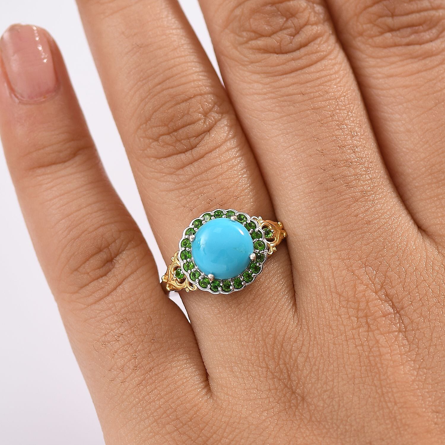 D'Joy Premium Sleeping Beauty Turquoise and Chrome Diopside 2.80 ctw Ring in 18K Vermeil YG and Rhodium Over Sterling Silver (Size 10.0)