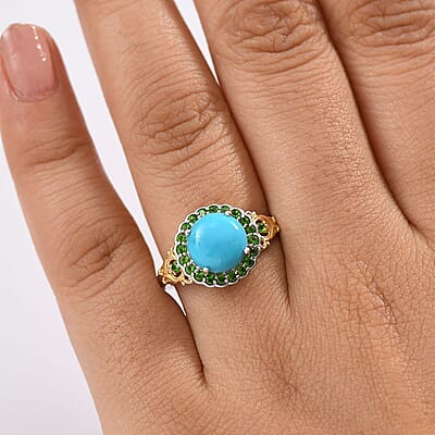 D'Joy Premium Sleeping Beauty Turquoise and Chrome Diopside 2.80 ctw Ring in 18K Vermeil YG and Rhodium Over Sterling Silver (Size 10.0)