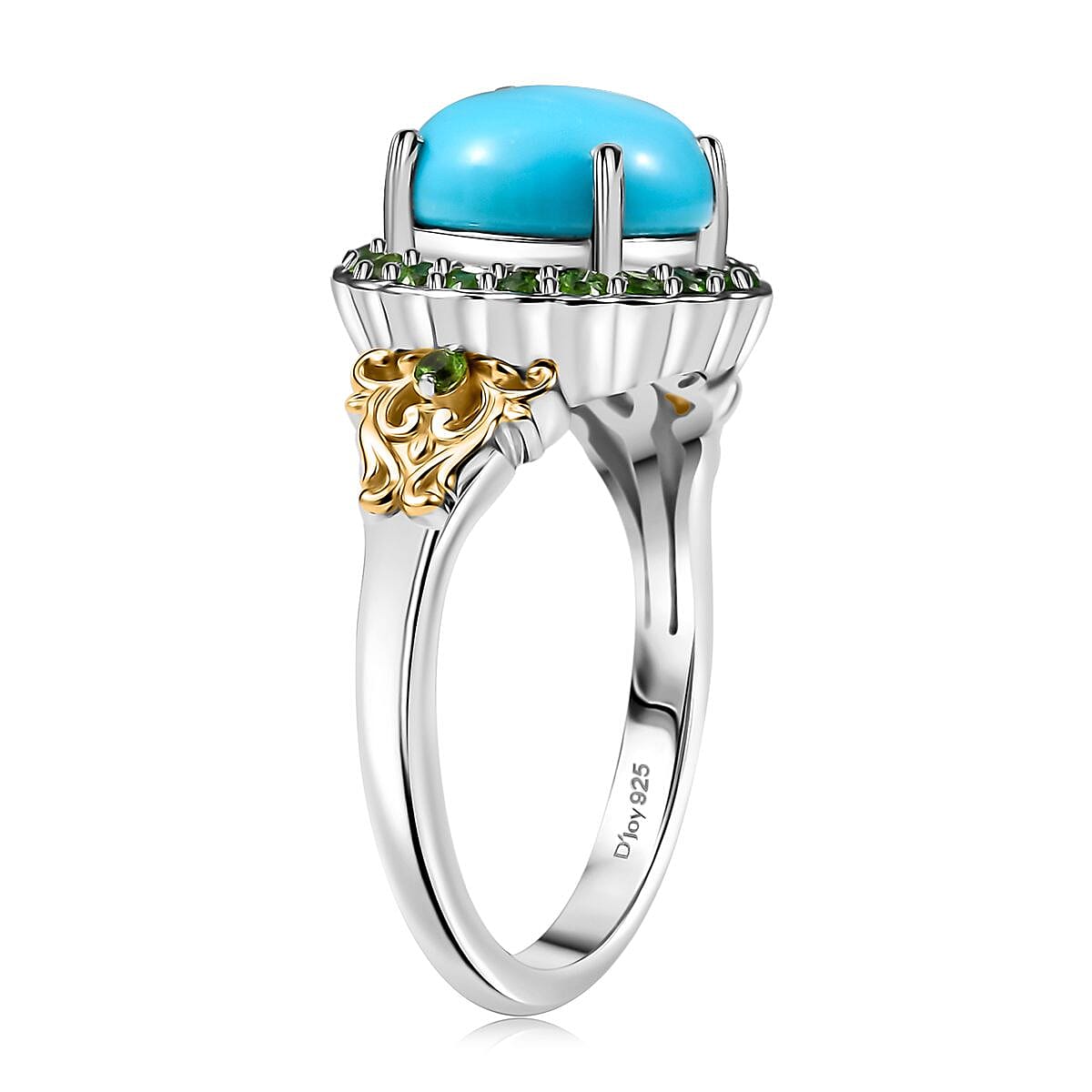 D'Joy Premium Sleeping Beauty Turquoise and Chrome Diopside 2.80 ctw Ring in 18K Vermeil YG and Rhodium Over Sterling Silver (Size 10.0)