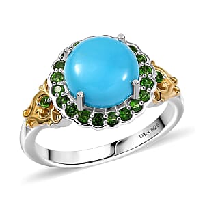 D'Joy Premium Sleeping Beauty Turquoise and Chrome Diopside 2.80 ctw Ring in 18K Vermeil YG and Rhodium Over Sterling Silver (Size 6.0)