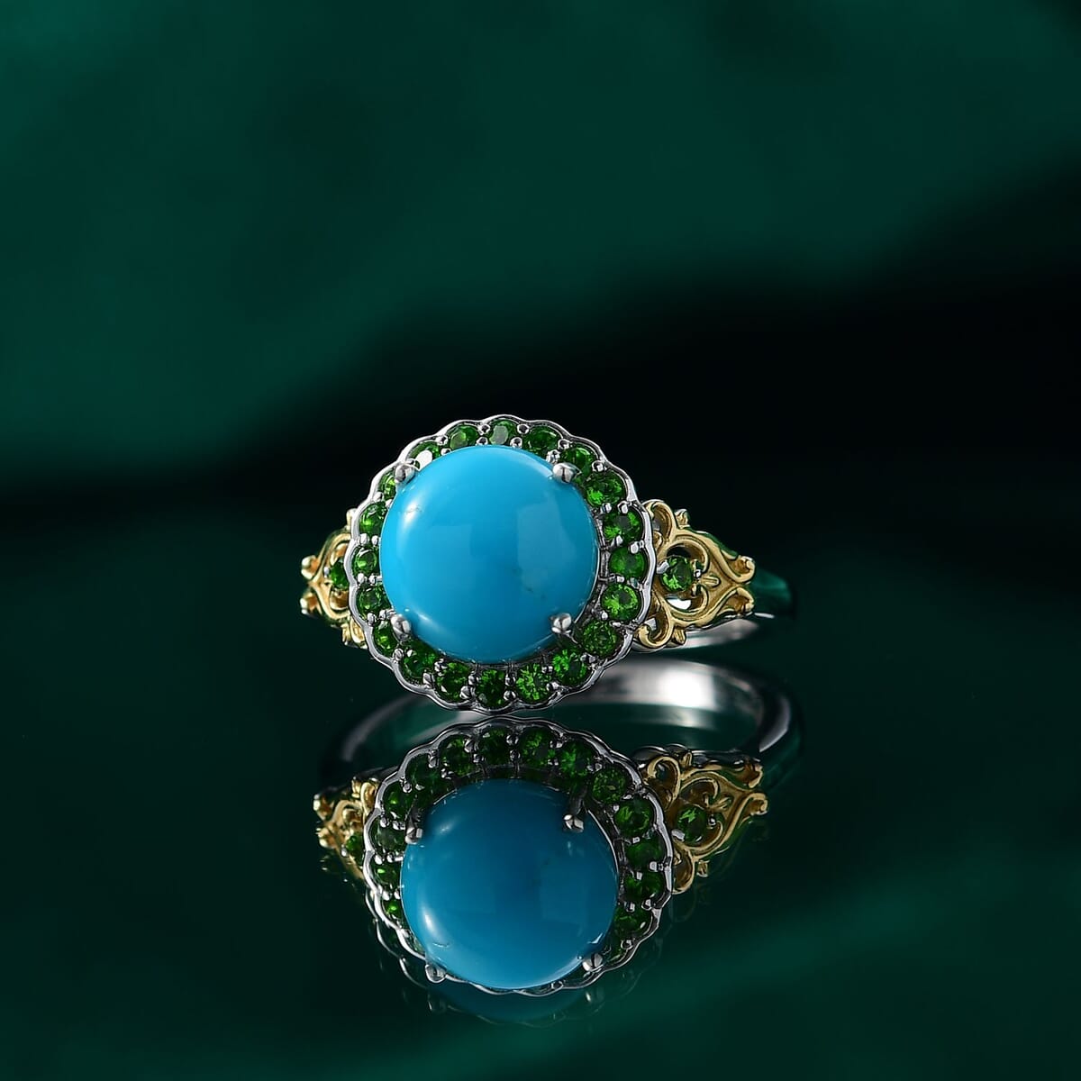 D'Joy Premium Sleeping Beauty Turquoise and Chrome Diopside 2.80 ctw Ring in 18K Vermeil YG and Rhodium Over Sterling Silver (Size 9.0) image number 1