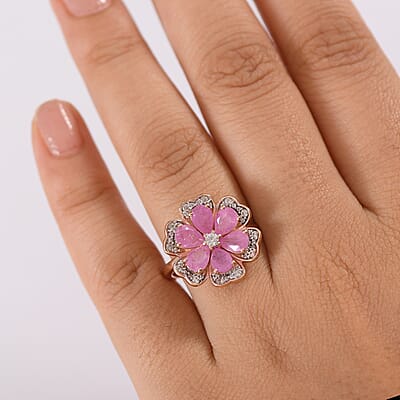 D'Joy Ilakaka Hot Pink Sapphire (FF) and White Zircon 4.10 ctw Floret Glow Ring in 18K Vermeil Rose Gold Over Sterling Silver (Size 10.0) 
