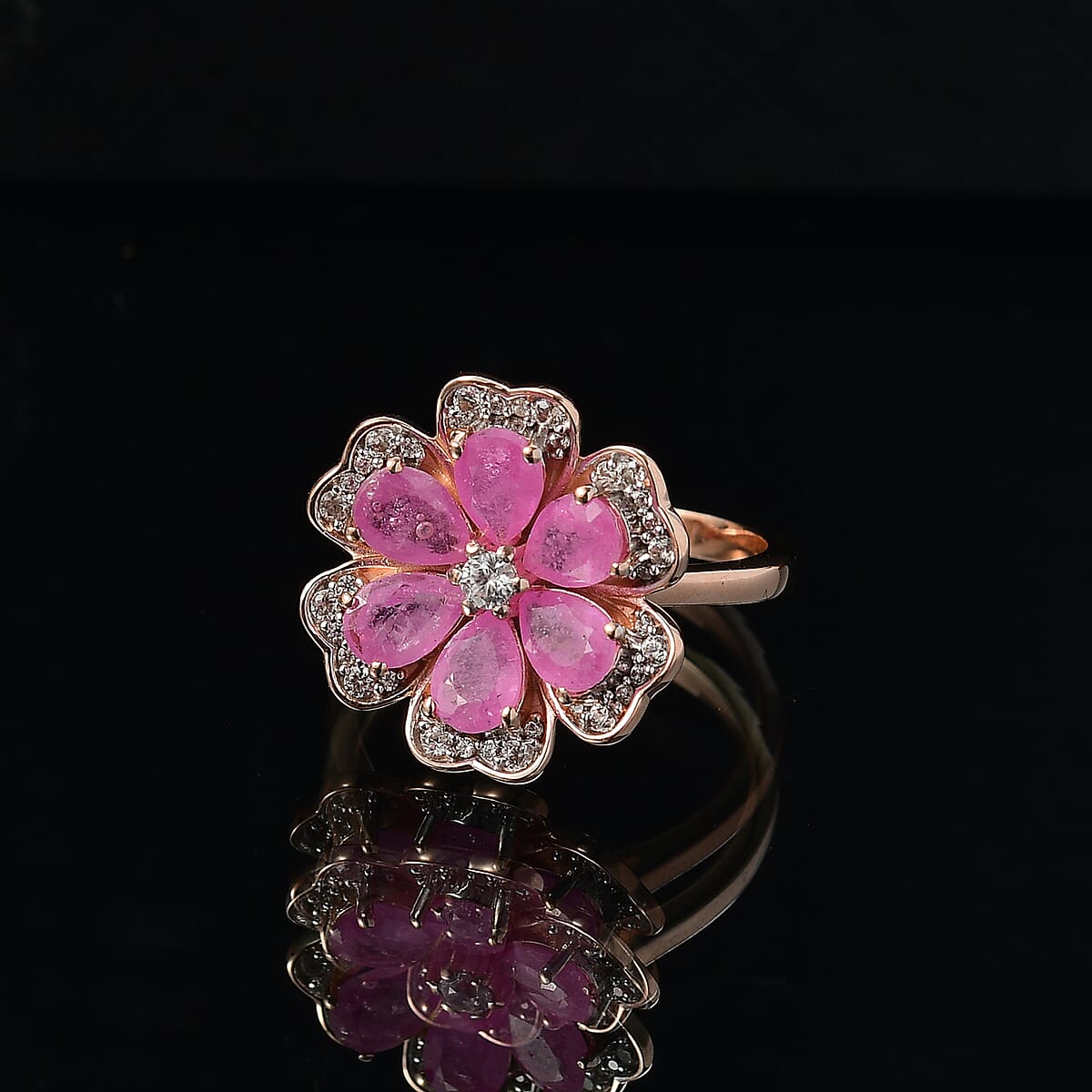 D'Joy Ilakaka Hot Pink Sapphire (FF) and White Zircon 4.10 ctw Floret Glow Ring in 18K Vermeil Rose Gold Over Sterling Silver (Size 5.0)  image number 1