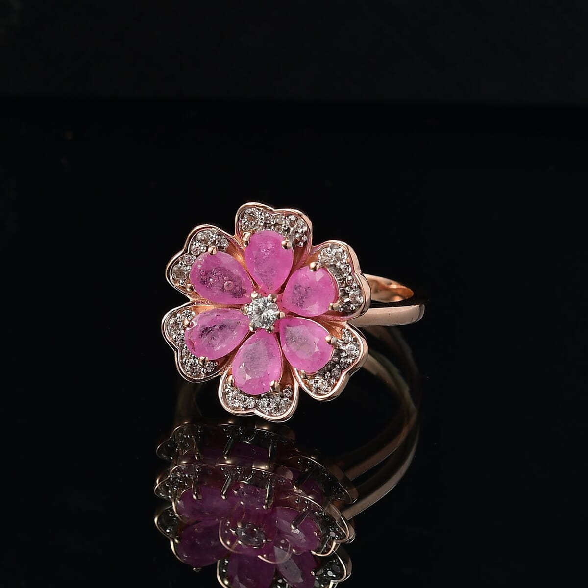D'Joy Ilakaka Hot Pink Sapphire (FF) and White Zircon 4.10 ctw Floret Glow Ring in 18K Vermeil Rose Gold Over Sterling Silver (Size 8.0) image number 1