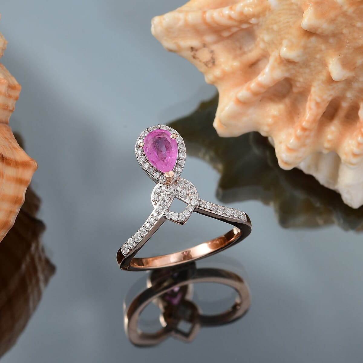 D'Joy Ilakaka Hot Pink Sapphire (FF) and Moissanite 1.35 ctw Eternal knot Ring in 18K Vermeil Rose Gold Over Sterling Silver (Size 5.0) image number 1
