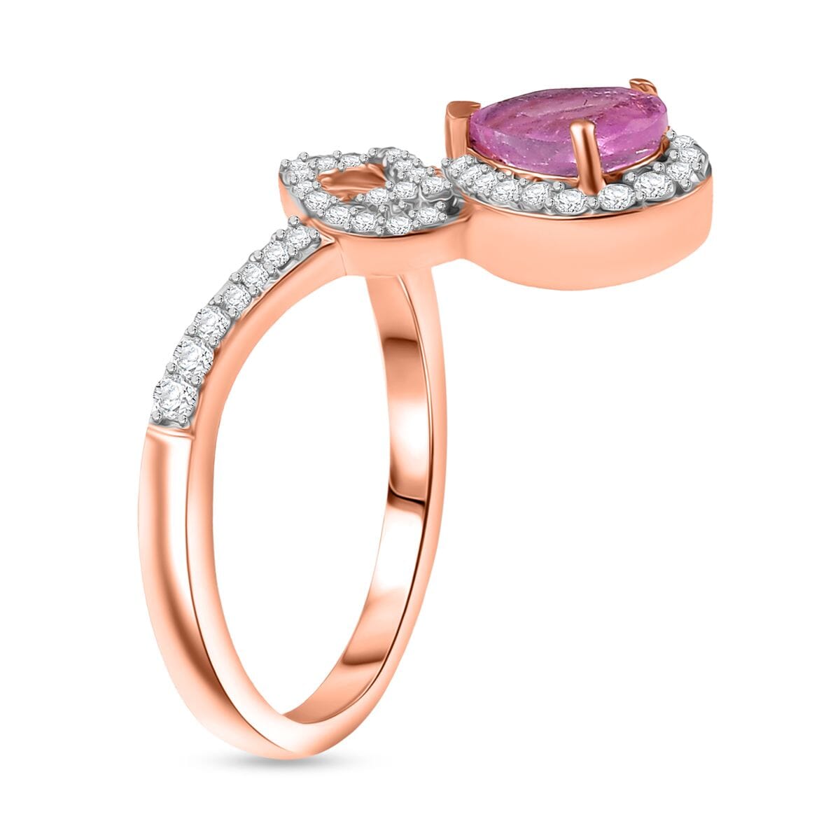 D'Joy Ilakaka Hot Pink Sapphire (FF) and Moissanite 1.35 ctw Eternal knot Ring in 18K Vermeil Rose Gold Over Sterling Silver (Size 5.0) image number 3