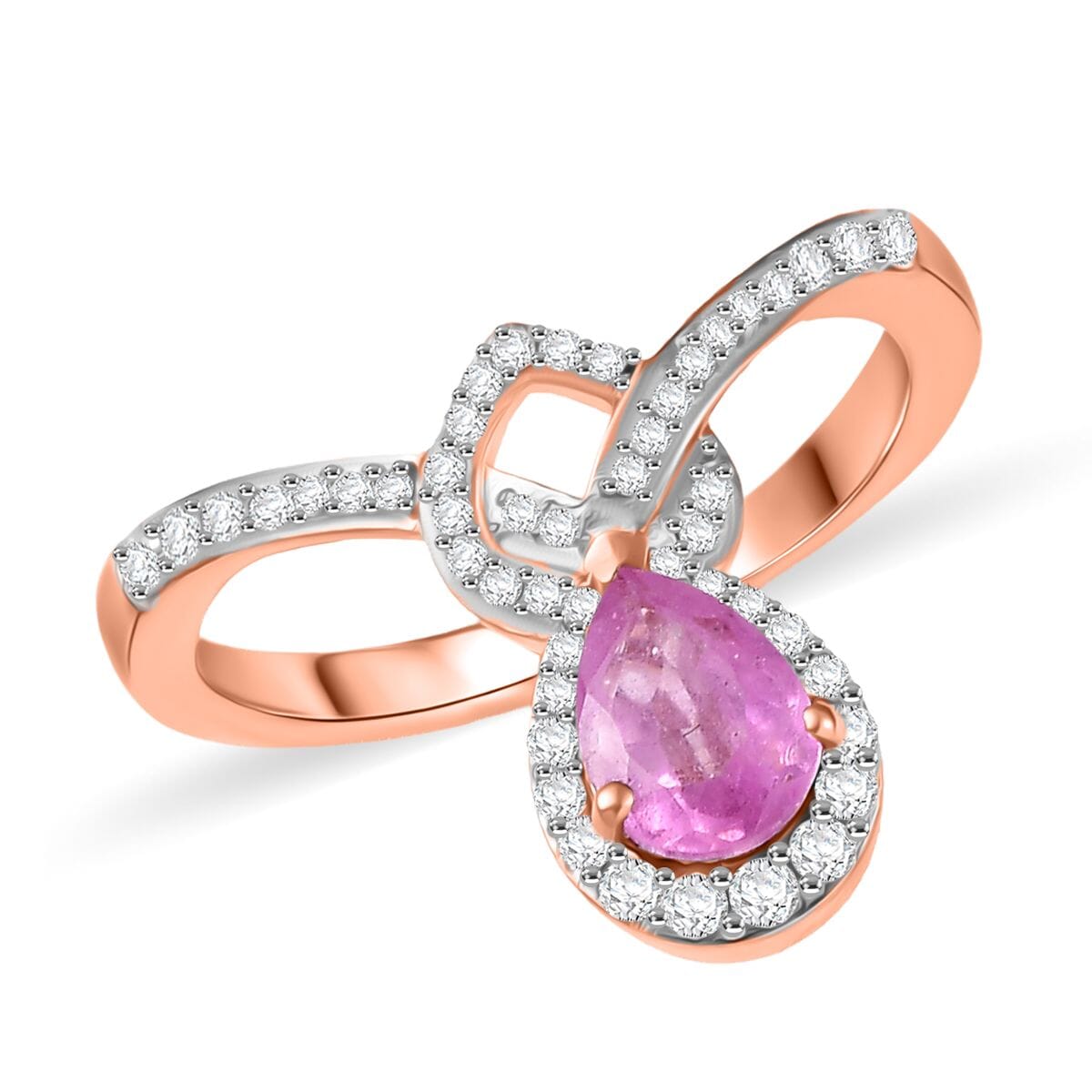 D'Joy Ilakaka Hot Pink Sapphire (FF) and Moissanite 1.35 ctw Eternal knot Ring in 18K Vermeil Rose Gold Over Sterling Silver (Size 6.0) image number 0