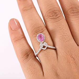 D'Joy Ilakaka Hot Pink Sapphire (FF) and Moissanite 1.35 ctw Eternal knot Ring in 18K Vermeil Rose Gold Over Sterling Silver (Size 8.0)