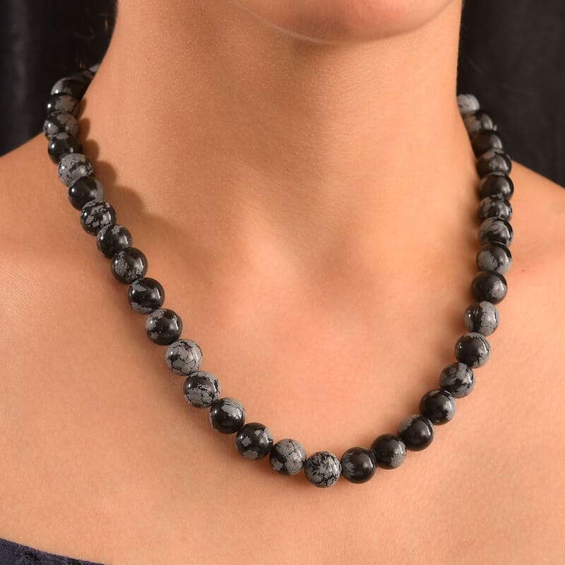 Snow Flake Obsidian 260.00 ctw Beaded Necklace in Platinum Bond 18 Inches