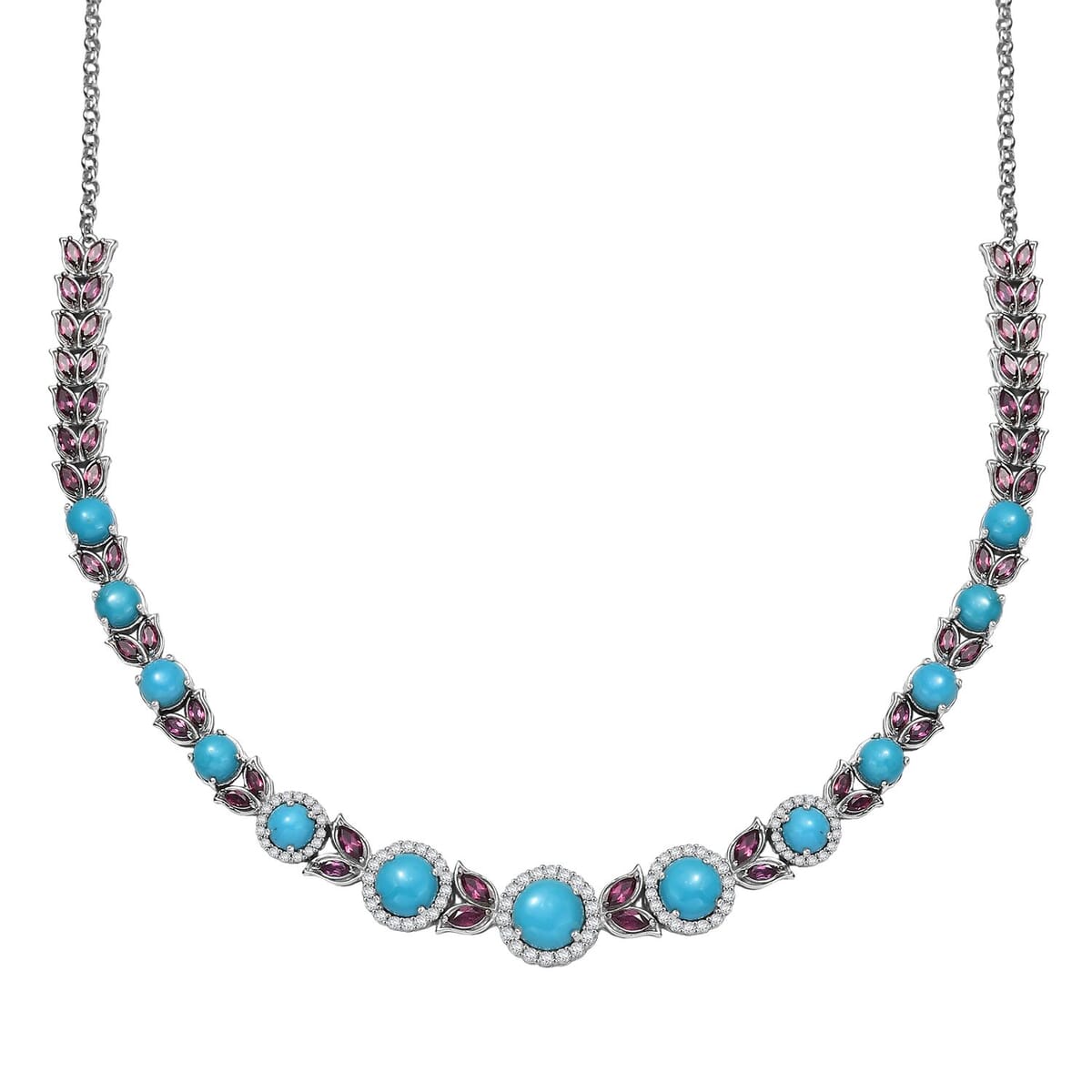 D'Joy Premium Sleeping Beauty Turquoise and Multi Gemstone 21.90 ctw Azure Bloom Necklace in Rhodium Over Sterling Silver 18 Inches image number 0