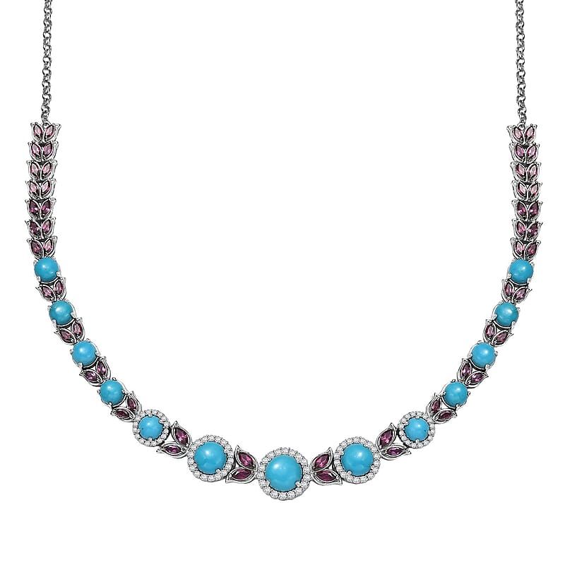 D'Joy Premium Sleeping Beauty Turquoise and Multi Gemstone 21.90 ctw Azure Bloom Necklace in Rhodium Over Sterling Silver 18 Inches