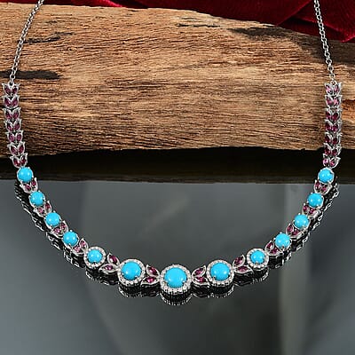 D'Joy Premium Sleeping Beauty Turquoise and Multi Gemstone 21.90 ctw Azure Bloom Necklace in Rhodium Over Sterling Silver 18 Inches