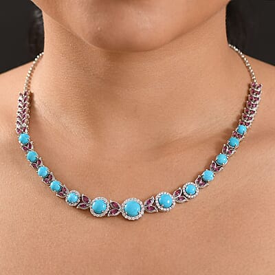 D'Joy Premium Sleeping Beauty Turquoise and Multi Gemstone 21.90 ctw Azure Bloom Necklace in Rhodium Over Sterling Silver 18 Inches